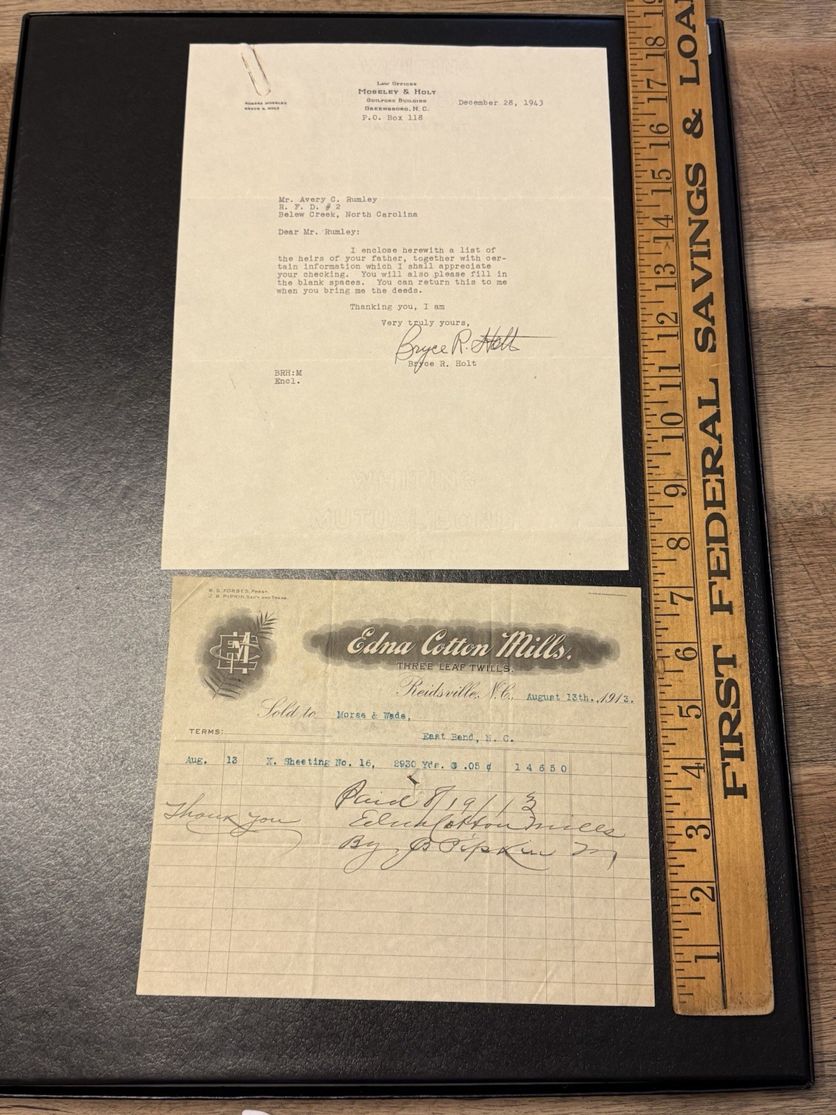 1913 Reidsville Edna Cotton Mills & 1943 Law Letter Moseley Holt Greensboro NC 1913 Reidsville Edna Cotton Mills & 1943 Law Letter Moseley Holt Greensboro NC