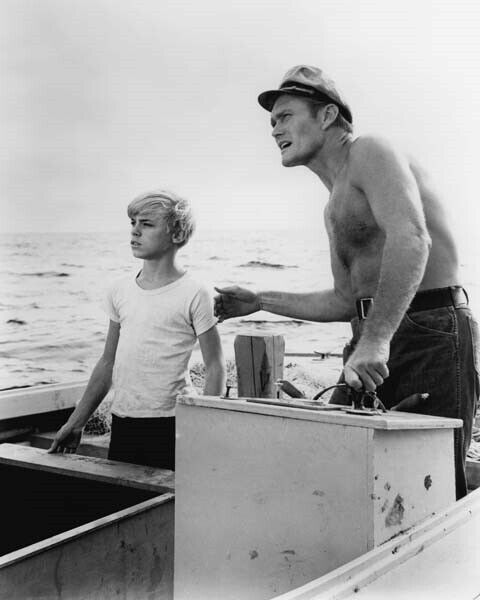 Flipper 1963 Chuck Connors bare chested on boat with Luke Halpin 12x18 poster