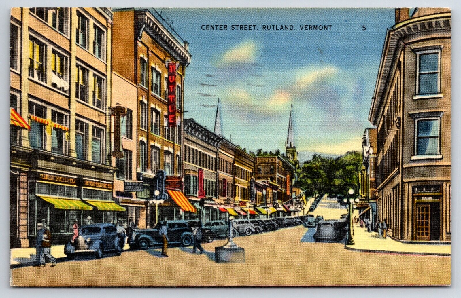 Center Street View 1939 Rutland Vermont VT Vintage TICHNOR Postcard