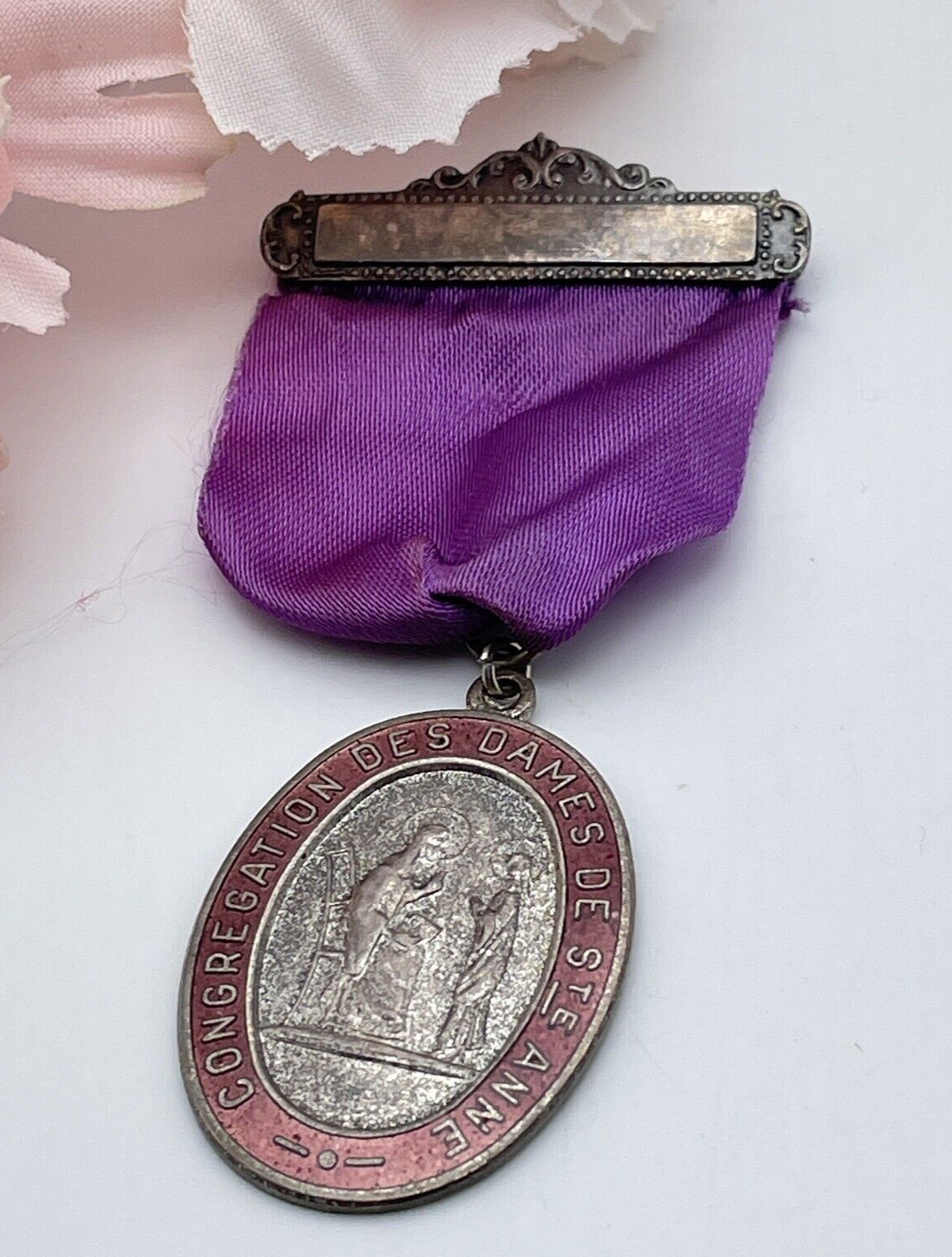 Congregation des Dames de Ste Anne Vintage Ribbon Medal Pin St Ann Womens League