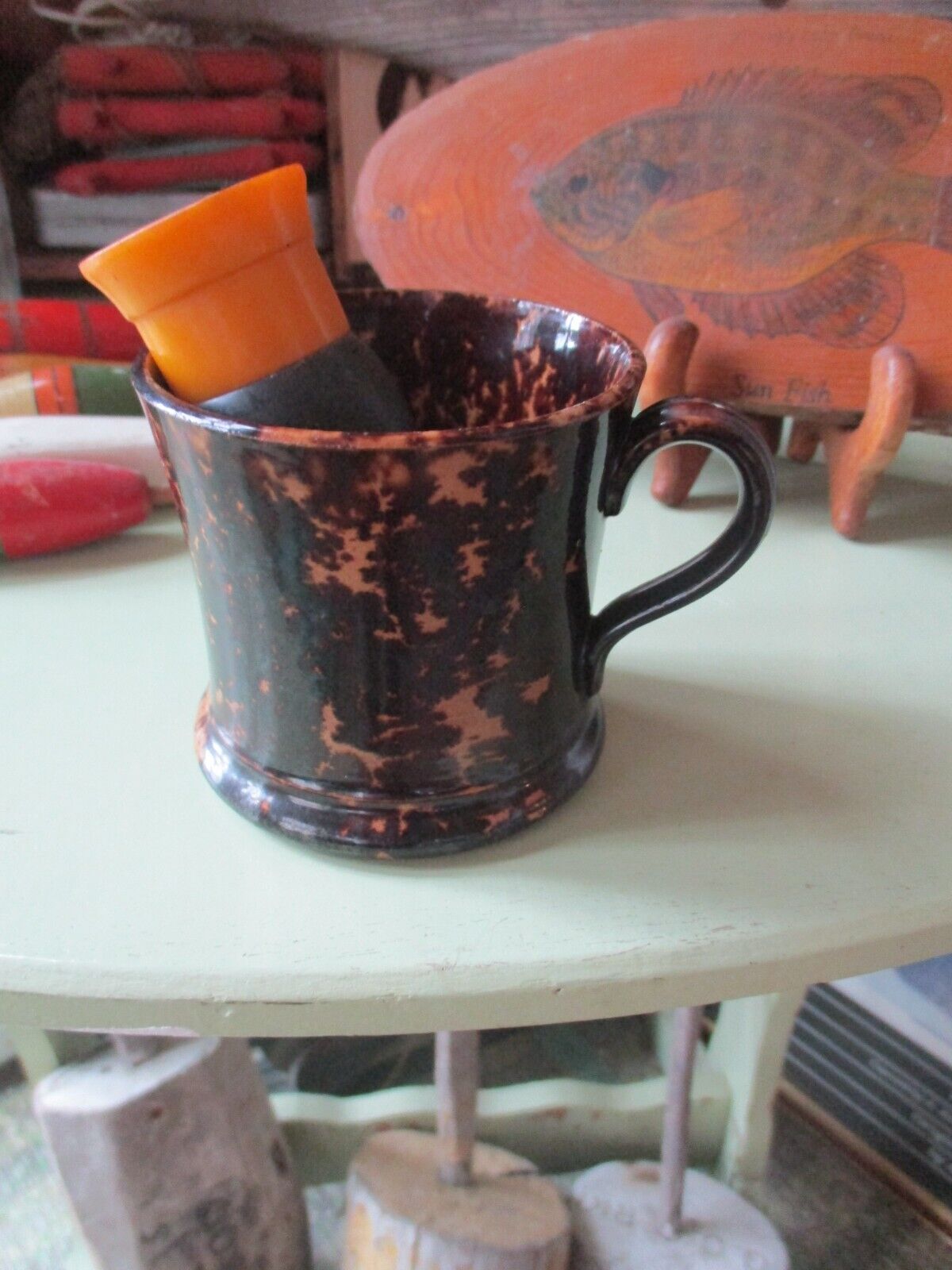 Antique Rockingham Pottery Barber Shop Brown Shaving Mug Cup Brush Primitive