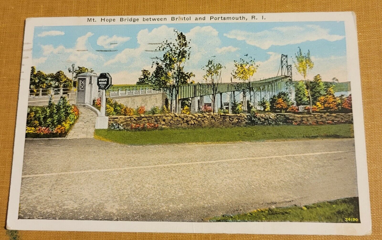 Mt Hope Bridge between Bristol & Portsmouth RI vintage postcard 1939