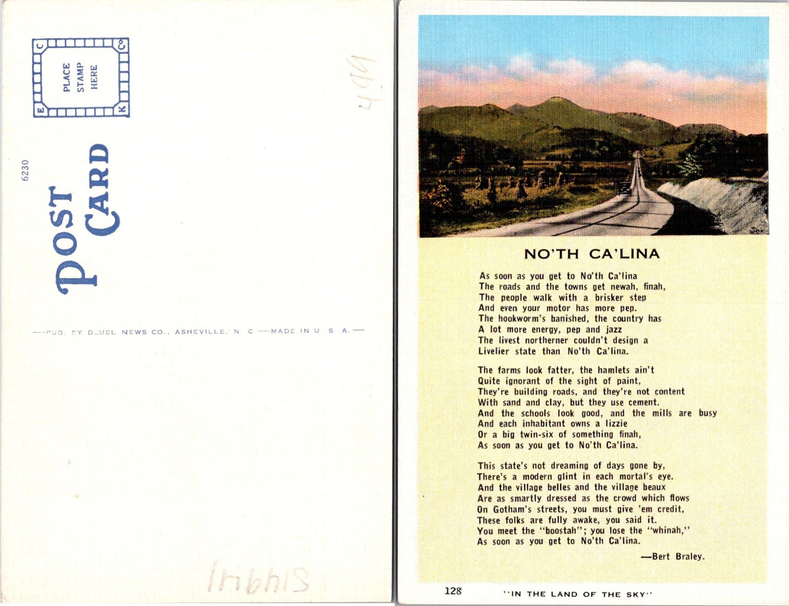 No'th Ca'lina poem Bert Braley NC Postcards unused 51644 No'th Ca'lina poem Bert Braley NC Postcards unused 51644