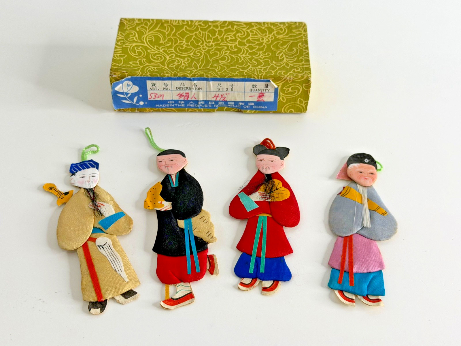 VINTAGE SET OF 4 CHINESE SILK SATIN PAPER MALE DOLLS HANGING ORNAMENTS VINTAGE SET OF 4 CHINESE SILK SATIN PAPER MALE DOLLS HANGING ORNAMENTS