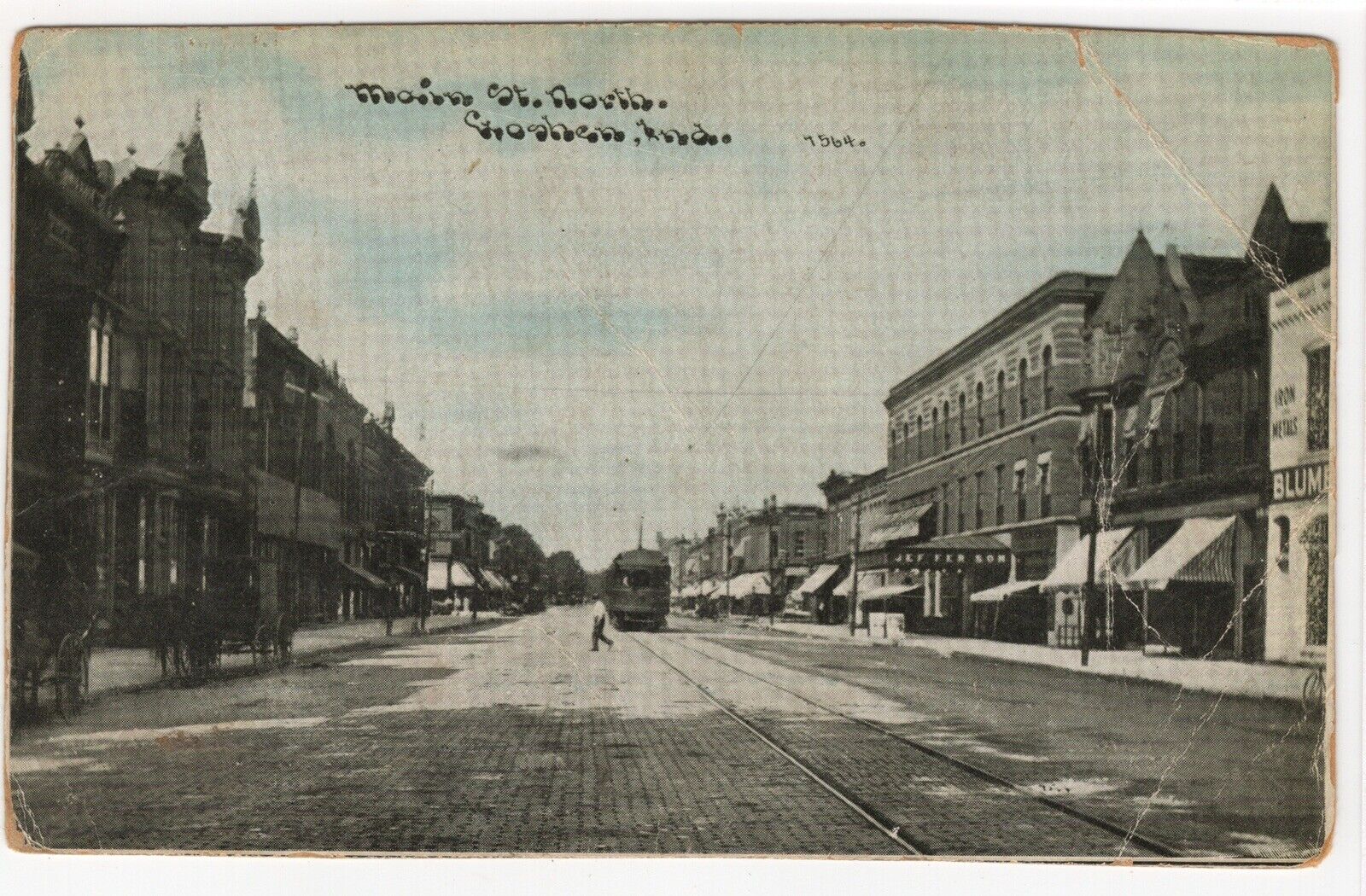 Goshen Indiana IN Vintage Postcard Main Street Scene Stores Signs Streetcar