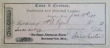 KINGSLEY MICHIGAN 1890 Case Croster Hardwood Hemlock Lumber Bank Check  picture