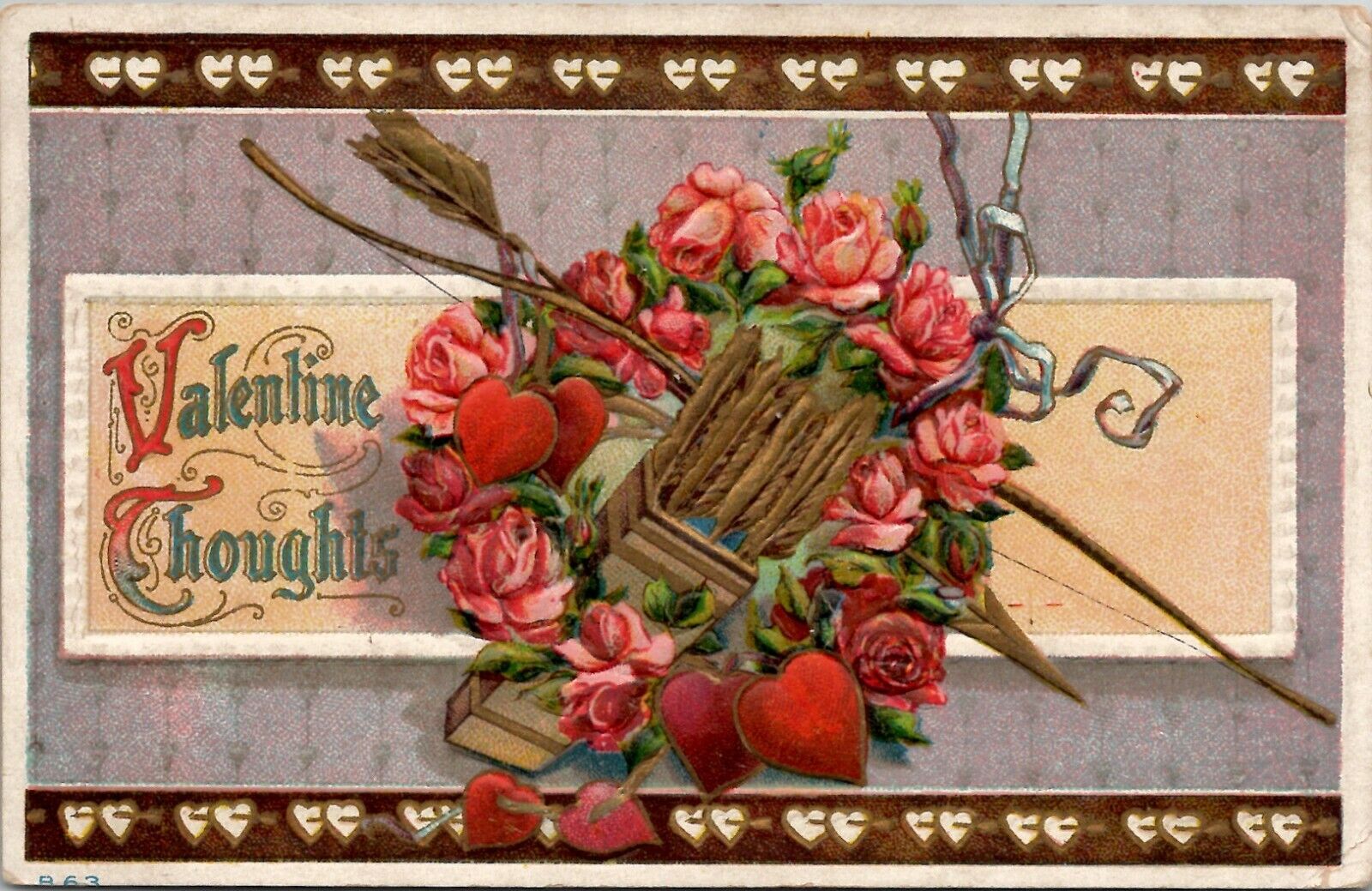 Valentine Greeting Roses Quiver Hearts Embossed 1912 Searsburg VT Postcard V5