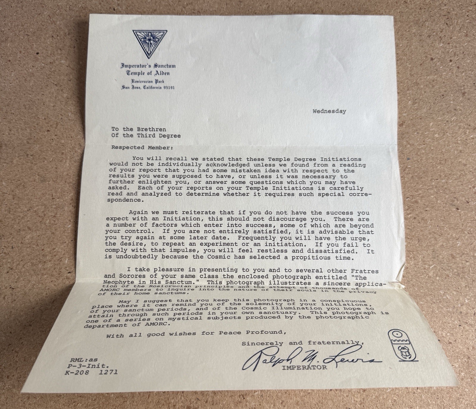 SIGNED LETTER FROM Ralph M Lewis Imperator Sanctum Temple of Alden Rosicrucian