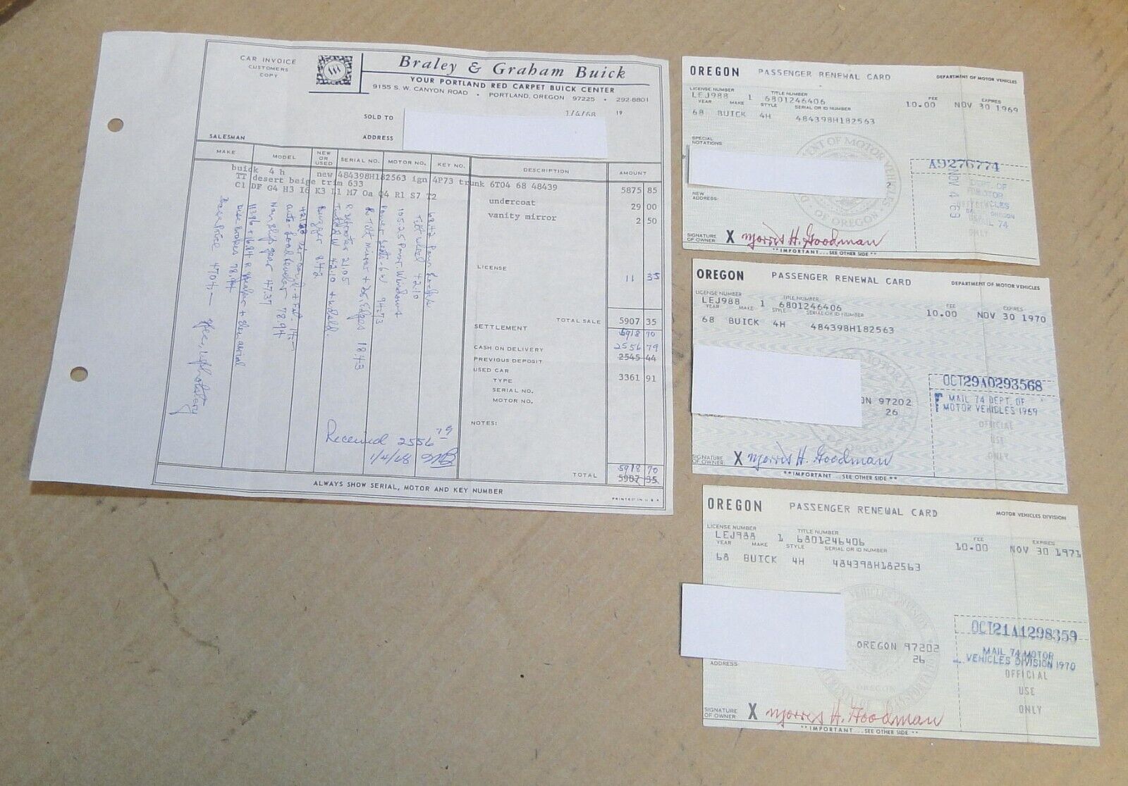 Braley & Graham Buick Receipt for a New 1968 Buick + Registration Cards