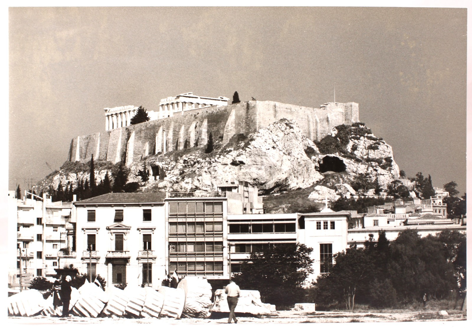 Athens Greece ACROPOLIS B&W Photo w/Large Fallen Column Drums in Foreground