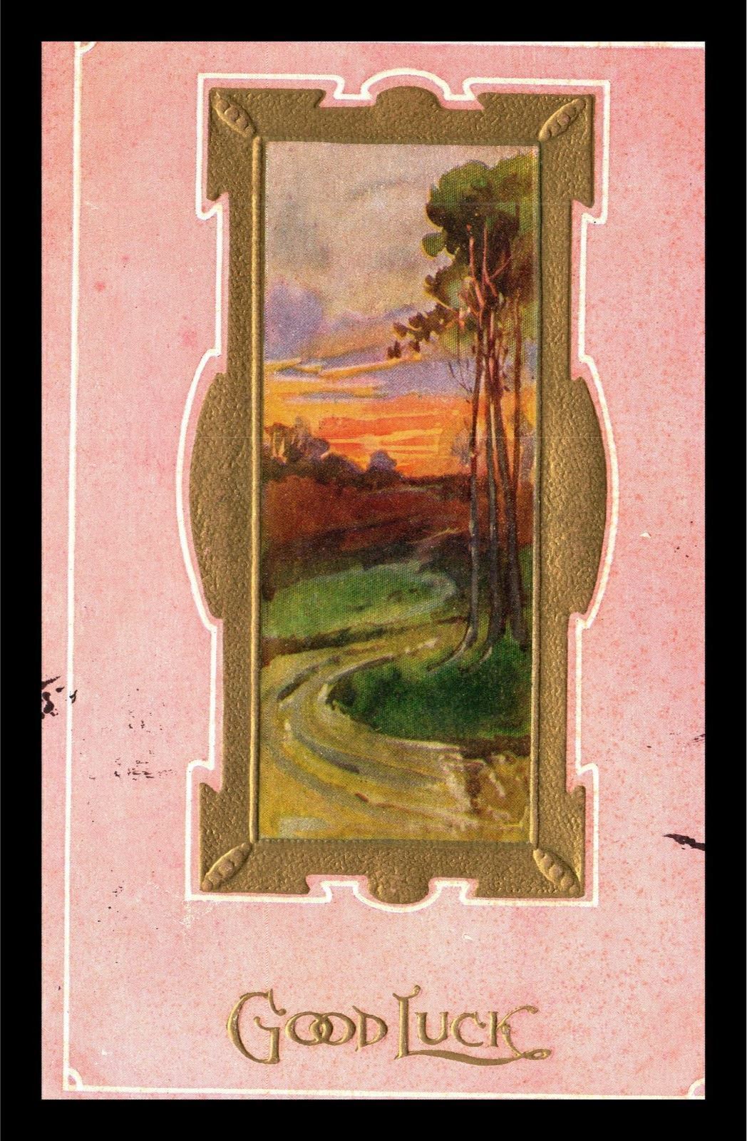 1911 Good Luck Sunset Dirt Road Trees Hand Painted Embossed Postcard 283