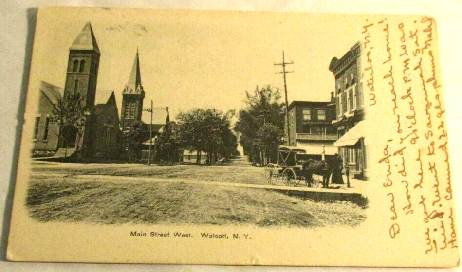 WOLCOTT  NEW YORK MAIN STREET WEST HORSE & BUGGY VINTAGE  POST CARD POSTED