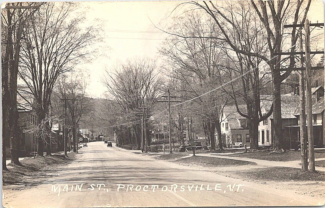 RPPC Proctorsville Vermont Scene on Main Street 1930s Business District RPPC Proctorsville Vermont Scene on Main Street 1930s Business District
