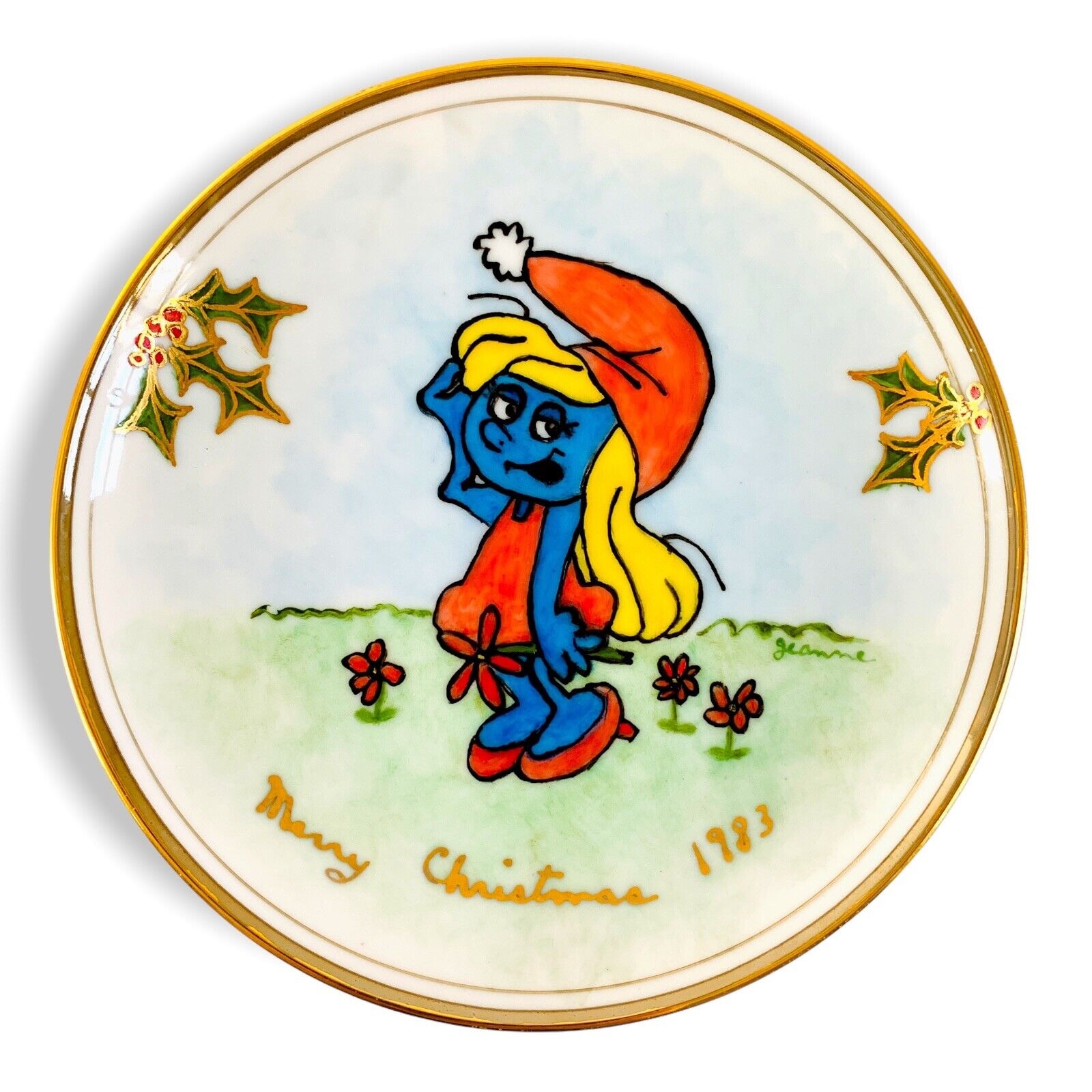 VTG 1983 Hand Painted Christmas Smurfette Plate Dish Smurfs Royalton China Japan