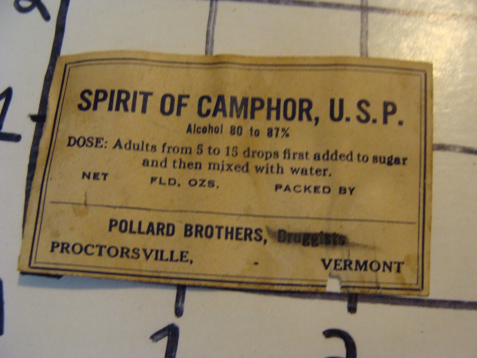 Vintage Original Label: Spirit of Camphor U.S.SP. pollard bro Proctorsville Vt