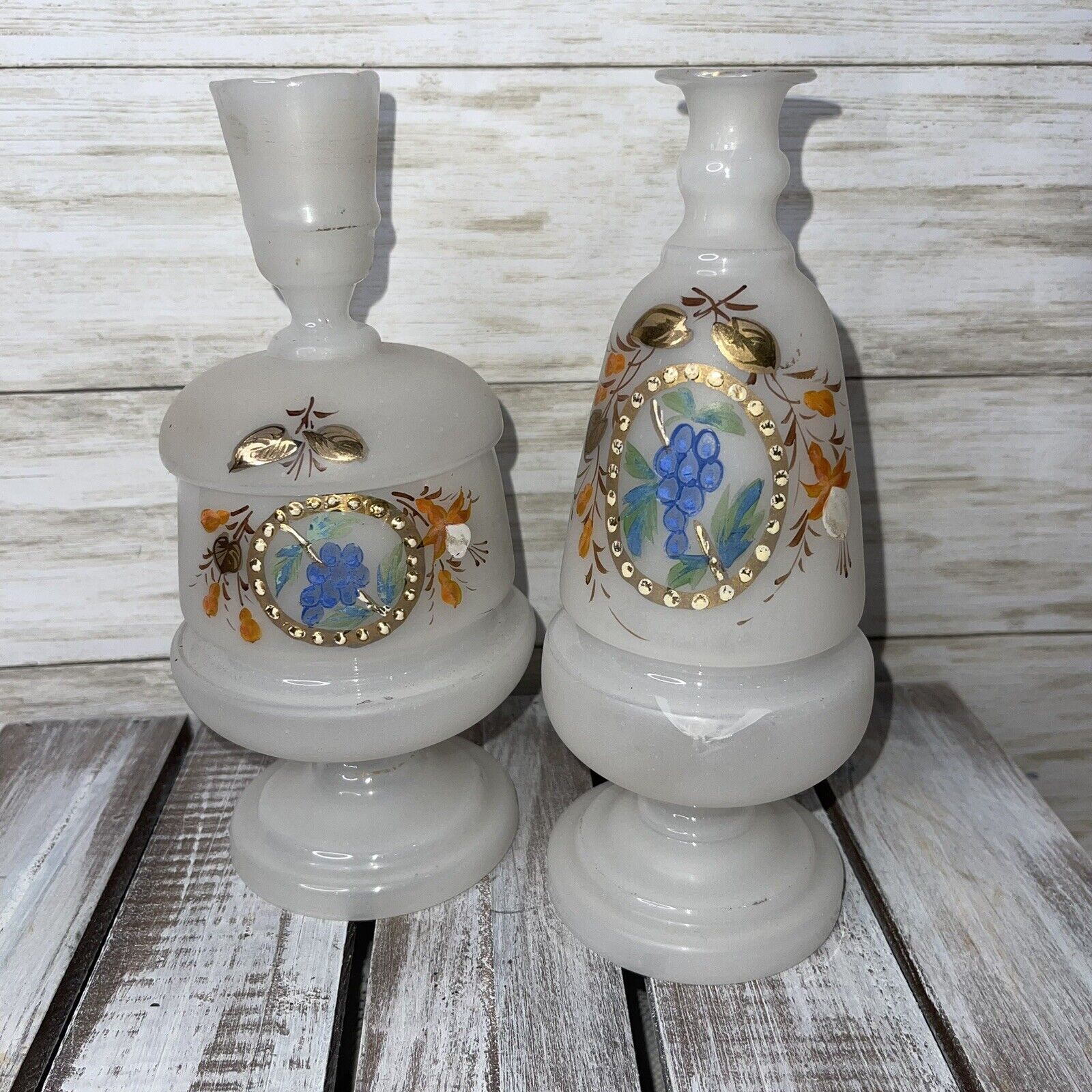 Antique Bristol glass hand blown vase and trinket dish hand painted Opallene 