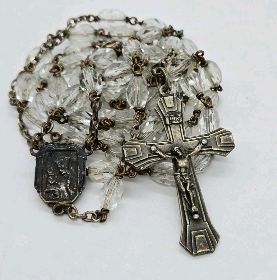 Vintage Rosary engraved St Anne de BeauPre Faceted Beaded Silver tone prayer 24\