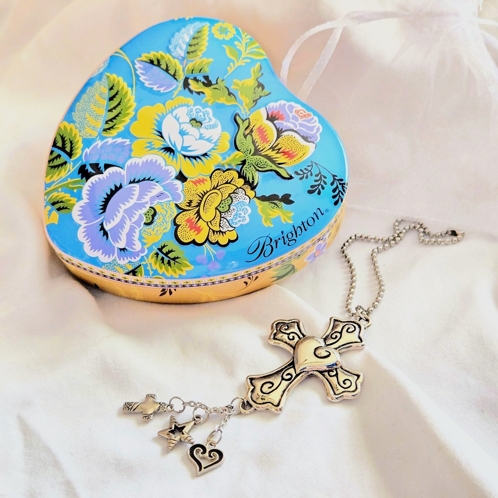 Brighton Silver Cross Pendant Ornament Charm w Floral Heart Tin Gift Box Set