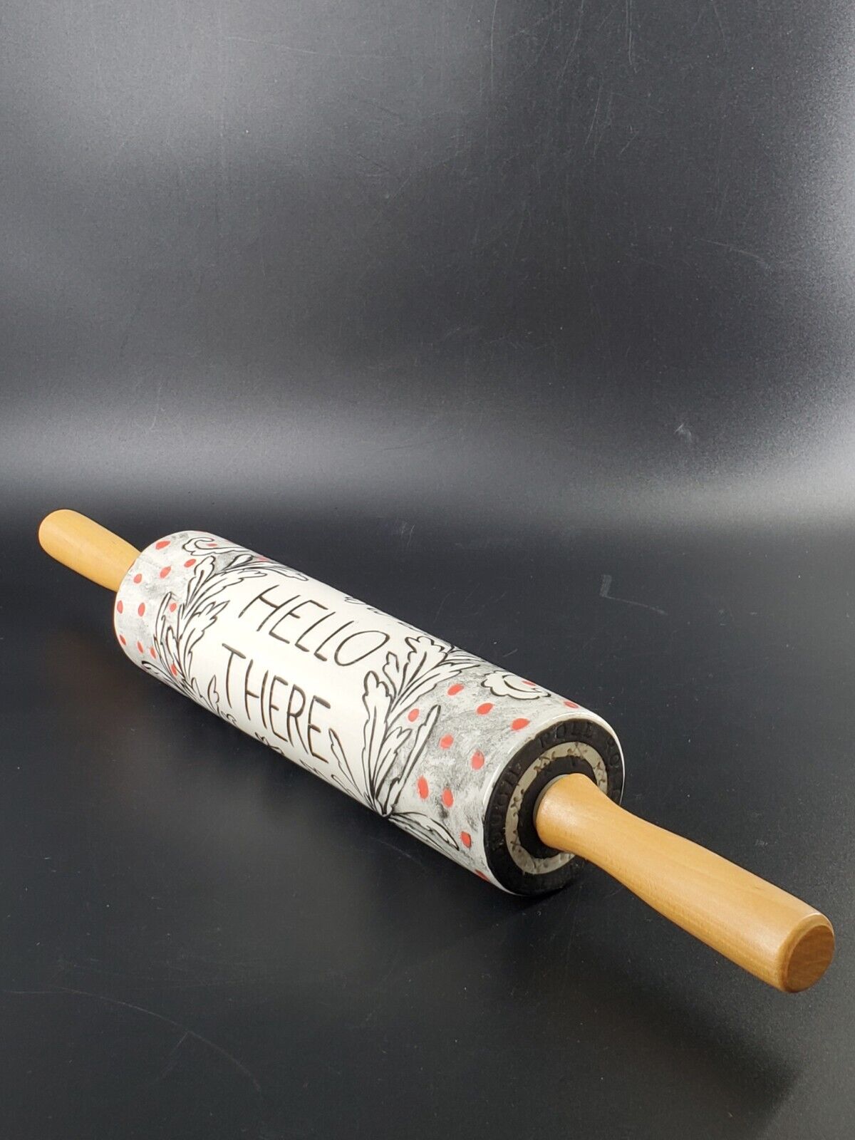 Anthropologie MOLLY HATCH *HELLO THERE* ceramic ROLLING PIN with wood handles