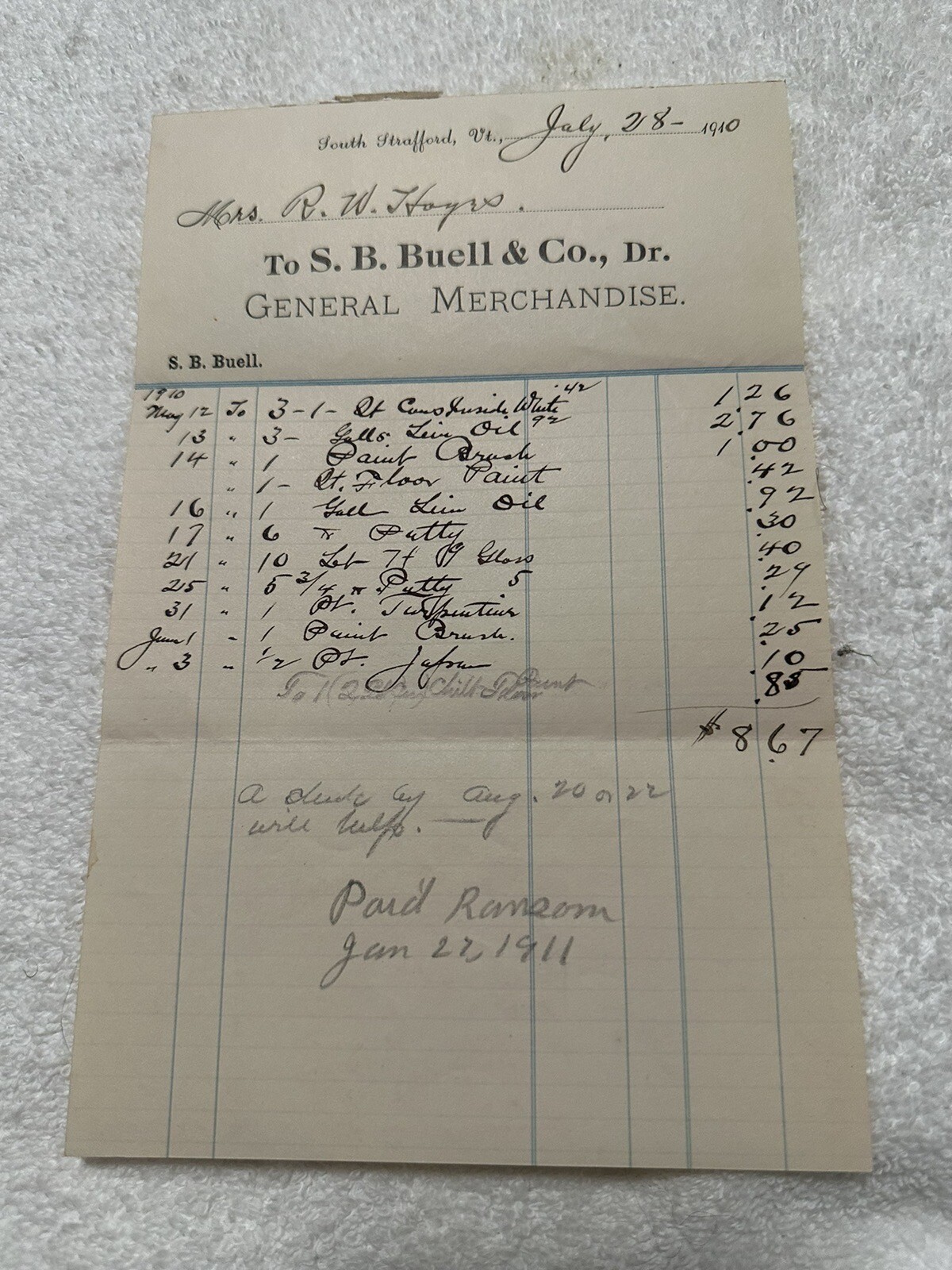 South Strafford, VT S. B. Buell Dr. General Merchandise Billhead 1910 South Strafford, VT S. B. Buell Dr. General Merchandise Billhead 1910