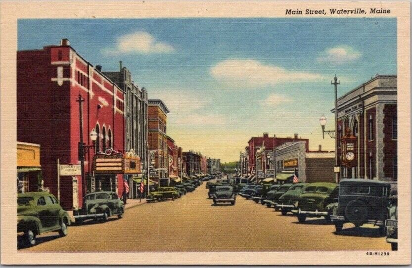 Waterville, Maine Postcard MAIN STREET Downtown Scene / Curteich Linen c1944
