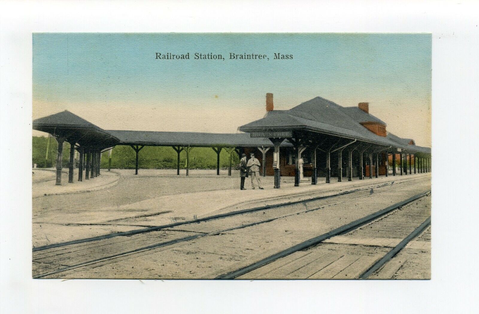 Braintree MA Mass antique postcard, people waiting by tracks, railroad station