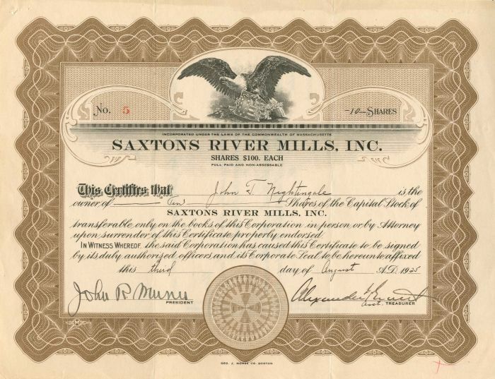 Saxtons River Mills, Inc. - Stock Certificate - General Stocks