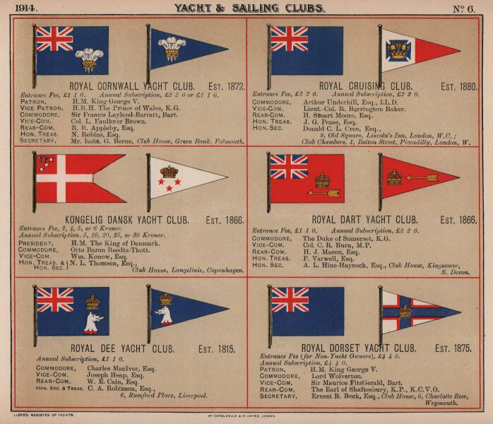 ROYAL YACHT/SAILING CLUB FLAGS C-D Cornwall Kongelig Dansk Dart Dee Dorset 1914