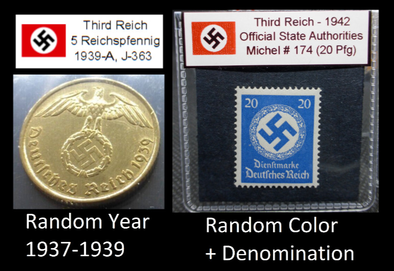 Nazi 5 Reichspfennig Coin and Swastika Stamp Set Third Reich WW2 Germany Lot