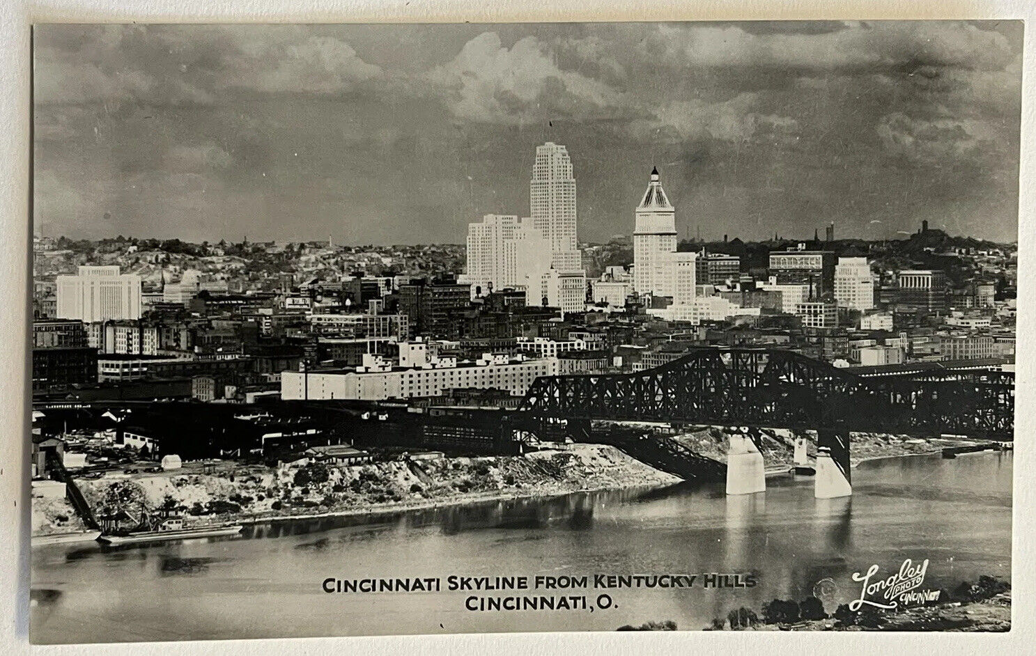 RPPC Cincinnati Ohio Skyline Bridge Vintage Longley Real Photo Postcard