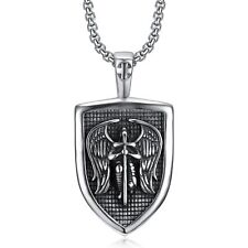 Archangel Saint St Michael Medal Shield Pendant Necklace Stainless Steel Chain picture