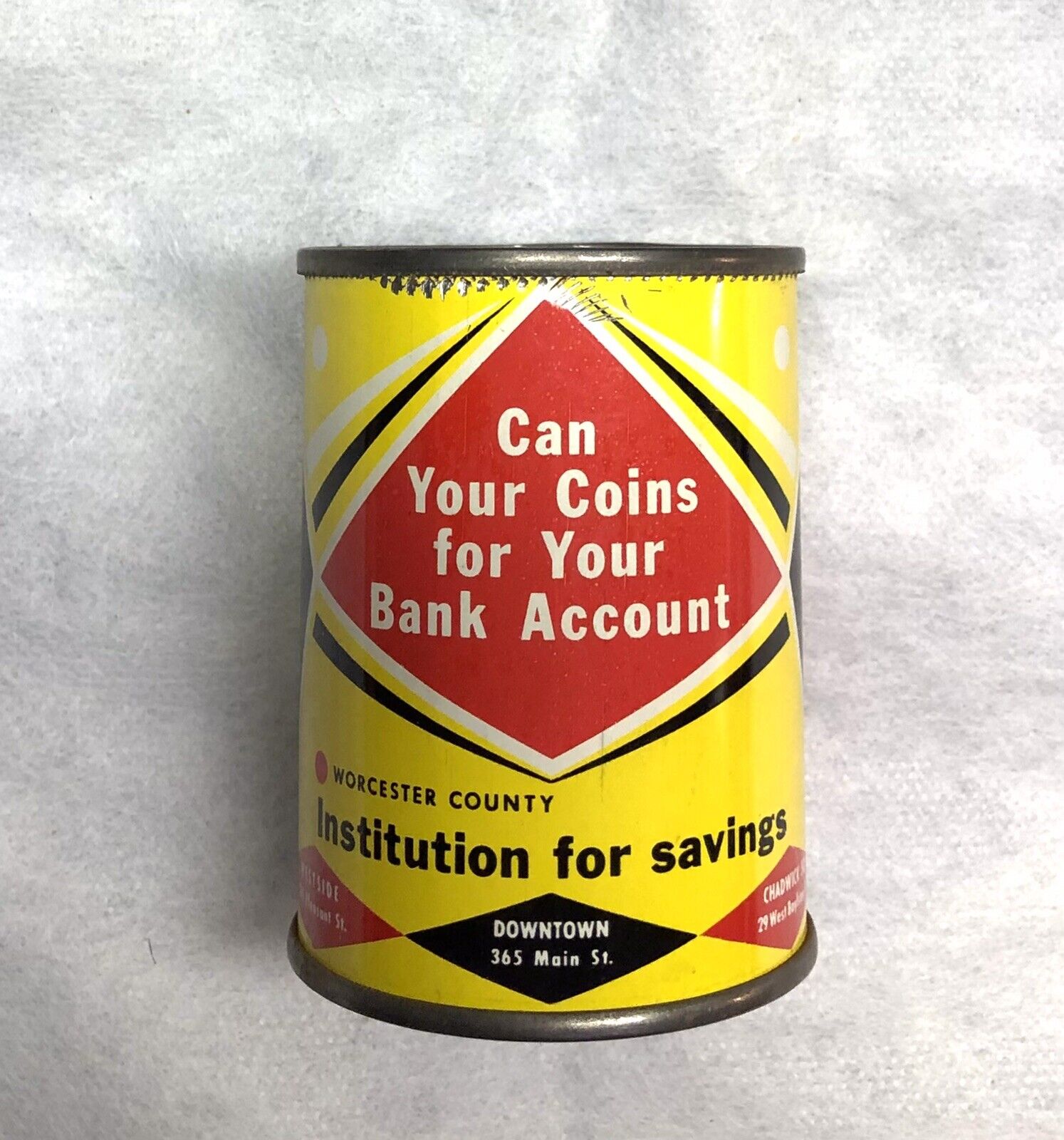 VINTAGE WORCESTER, MA INSTITUTION FOR SAVINGS BANK TIN CAN BANK