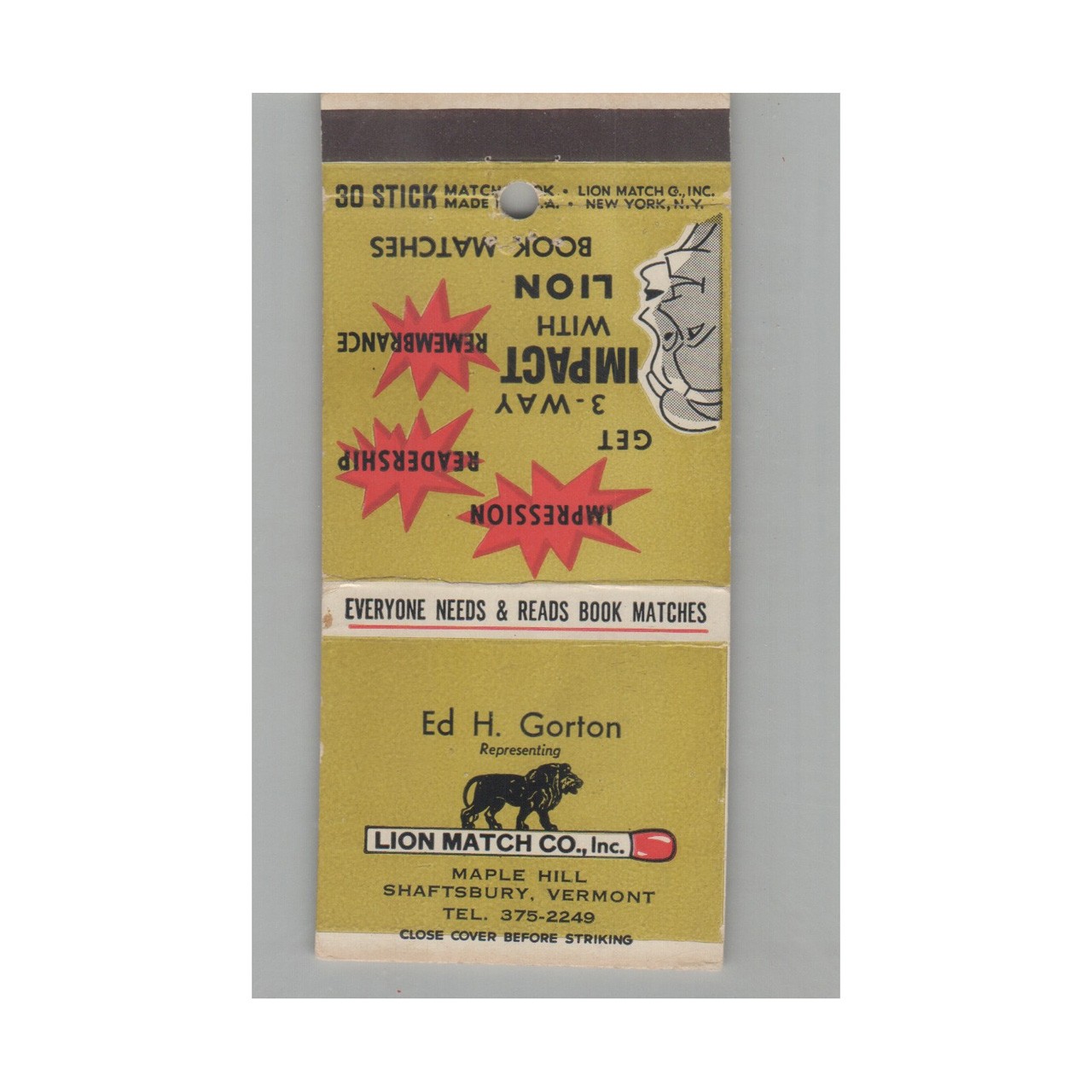 Matchbook Cover Ed H. Gorton Representing Lion Match Company Shaftsbury VT Matchbook Cover Ed H. Gorton Representing Lion Match Company Shaftsbury VT