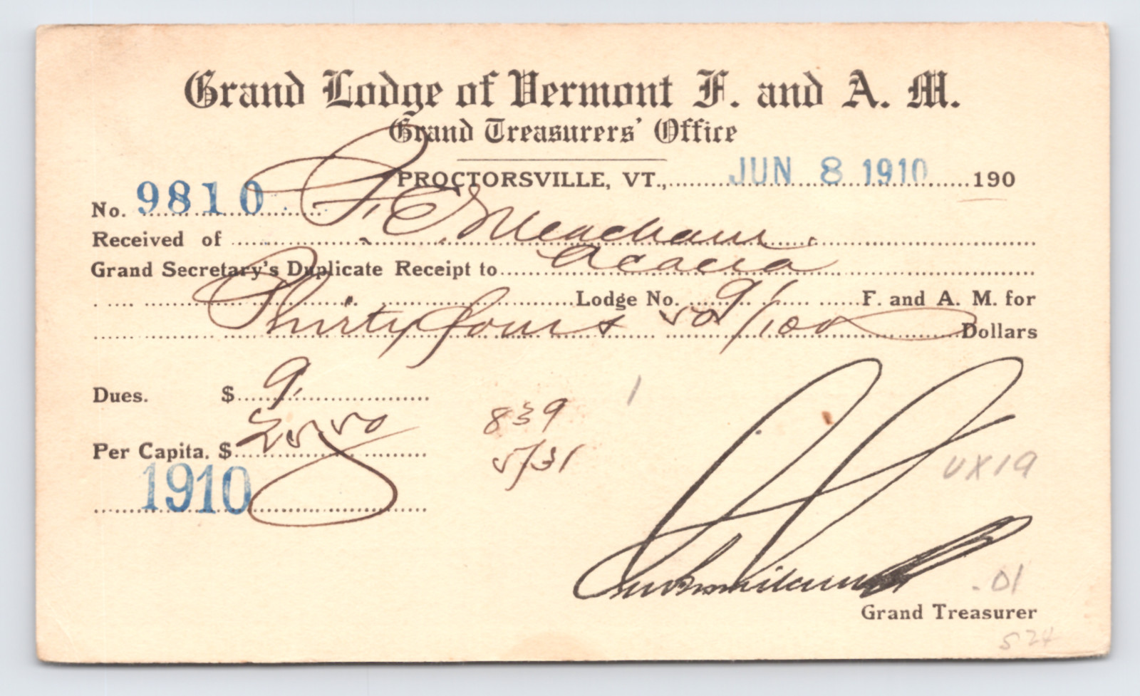 1910 Grand Lodge of Vermont F & AM Proctorsville VT Postal Card Masonic Receipt