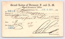 1910 Grand Lodge of Vermont F & AM Proctorsville VT Postal Card Masonic Receipt picture