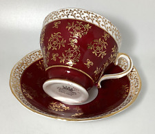 Salisbury Tea Cup & Saucer Bone China Deep Burgundy Gold Accents Scallop England picture