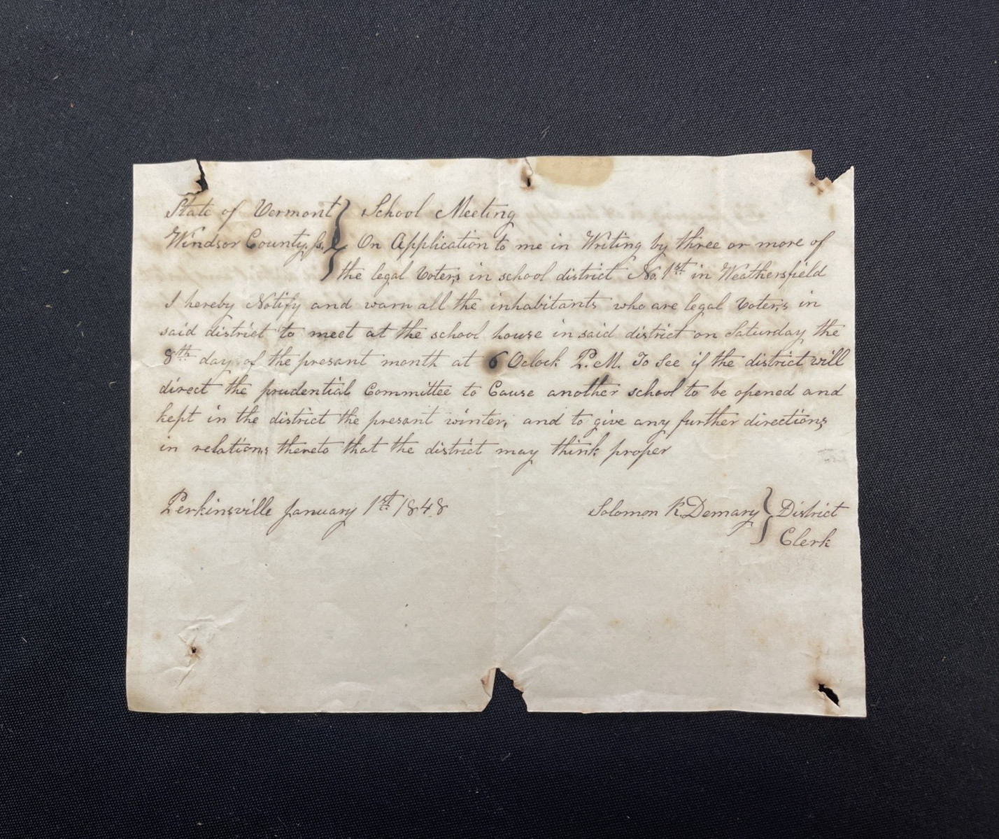 1848 Weathersfield Vermont School District Document New School Vote - Demary 1848 Weathersfield Vermont School District Document New School Vote - Demary