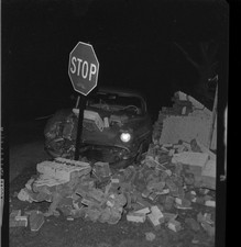 VTG B&W Photo Negative Car Crash Brick Wall Stop Sign East Hills NY Long Island picture