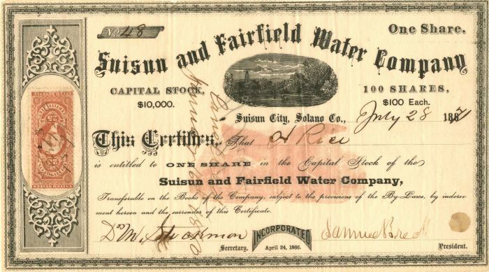 Suisun and Fairfield Water Co. - Stock Certificate - General Stocks