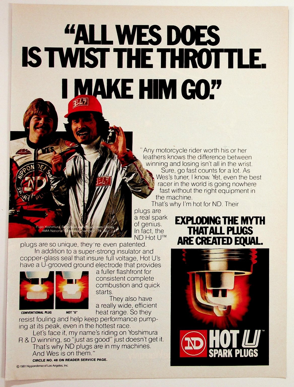 1981 ND Hot U Spark Plugs Ad Wes Cooley Fujio Yoshimura Motorcycle Racing 1981 ND Hot U Spark Plugs Ad Wes Cooley Fujio Yoshimura Motorcycle Racing