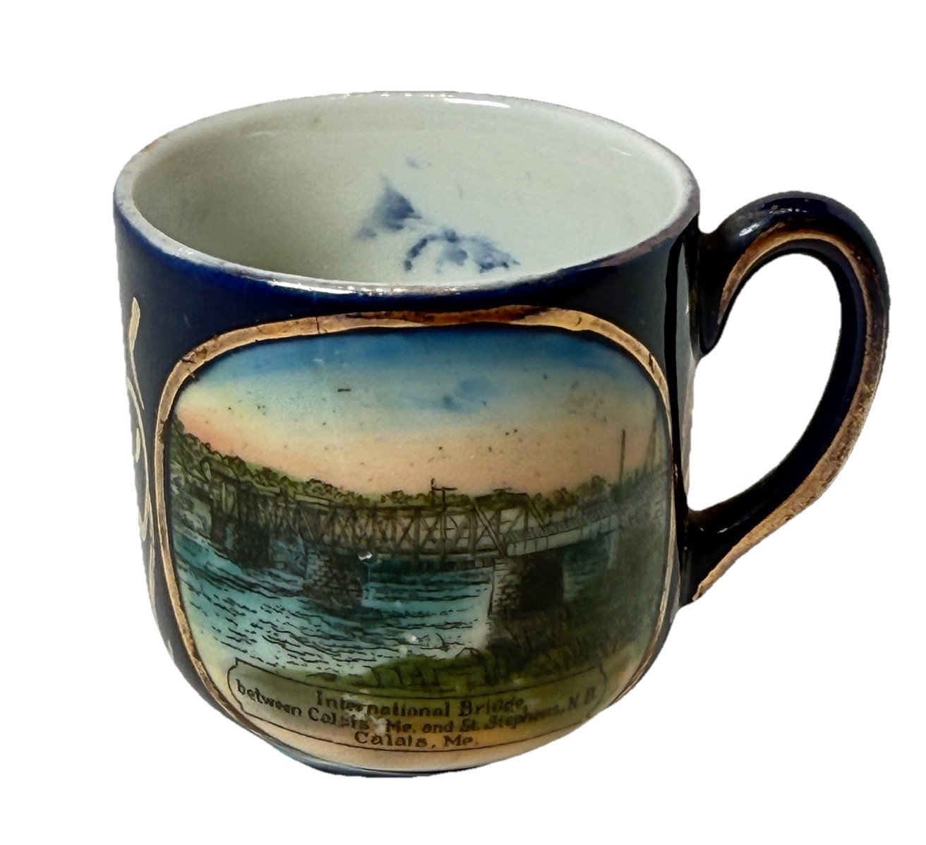 CALAIS MAINE ME Antique INTERNATIONAL BRIDGE Souvenir TRINKET COBALT TEA CUP CALAIS MAINE ME Antique INTERNATIONAL BRIDGE Souvenir TRINKET COBALT TEA CUP