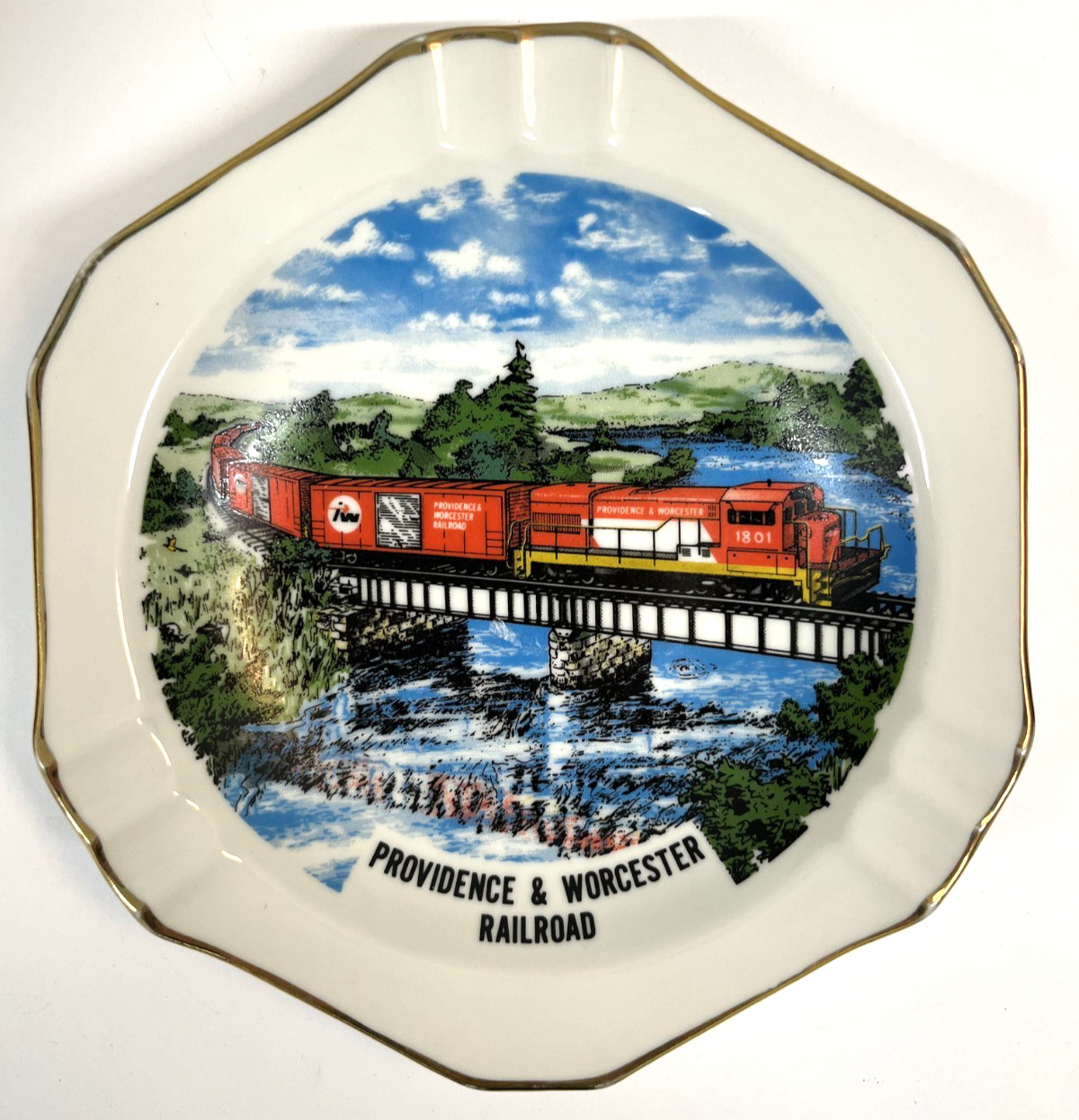 Vintage Providence & Worcester Railroad Train Collector Plate Dish Gold Trim Vintage Providence & Worcester Railroad Train Collector Plate Dish Gold Trim