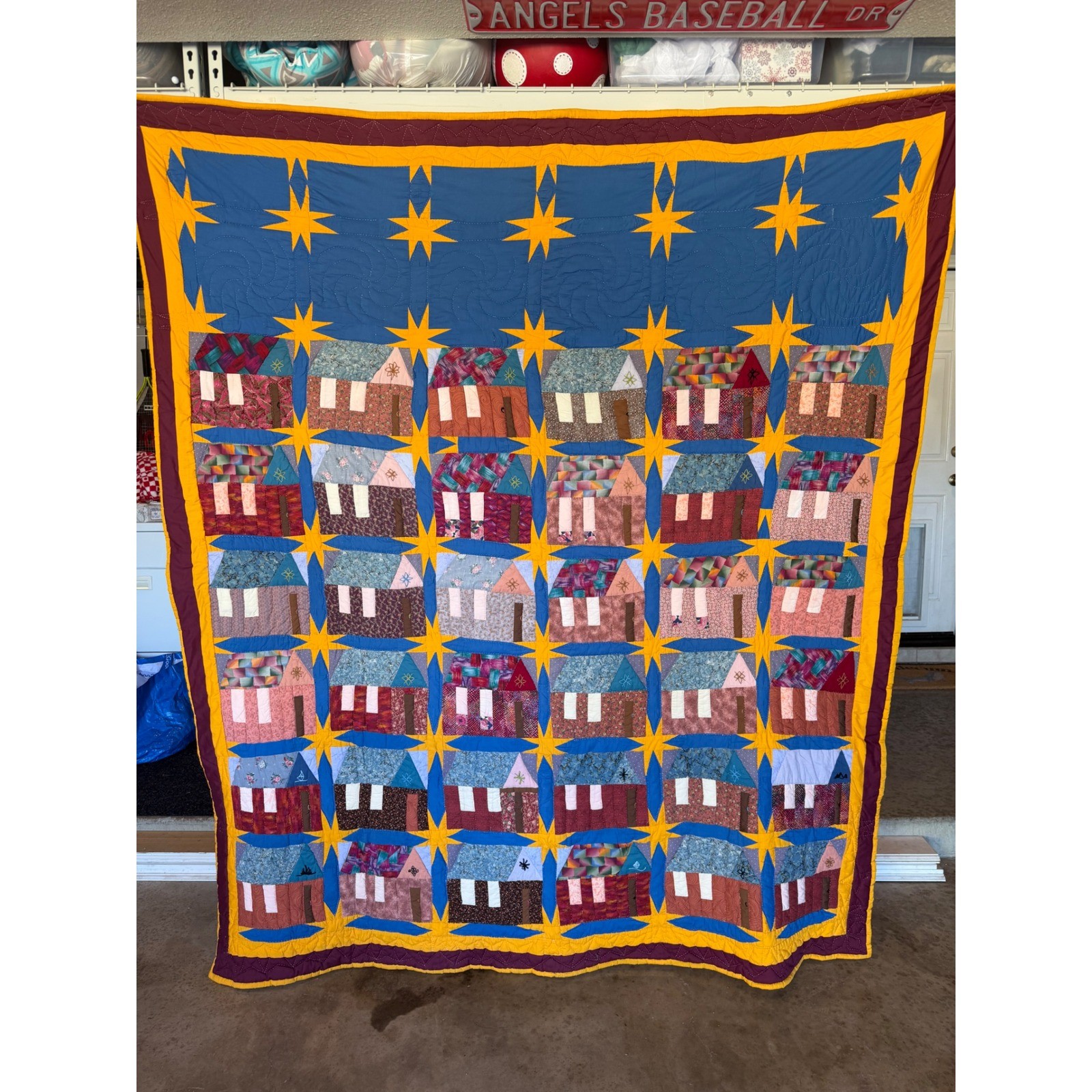 Vintage Handmade Schoolhouse Patchwork Quilt Blue Yellow Stars Folk Art 84 Vintage Handmade Schoolhouse Patchwork Quilt Blue Yellow Stars Folk Art 84