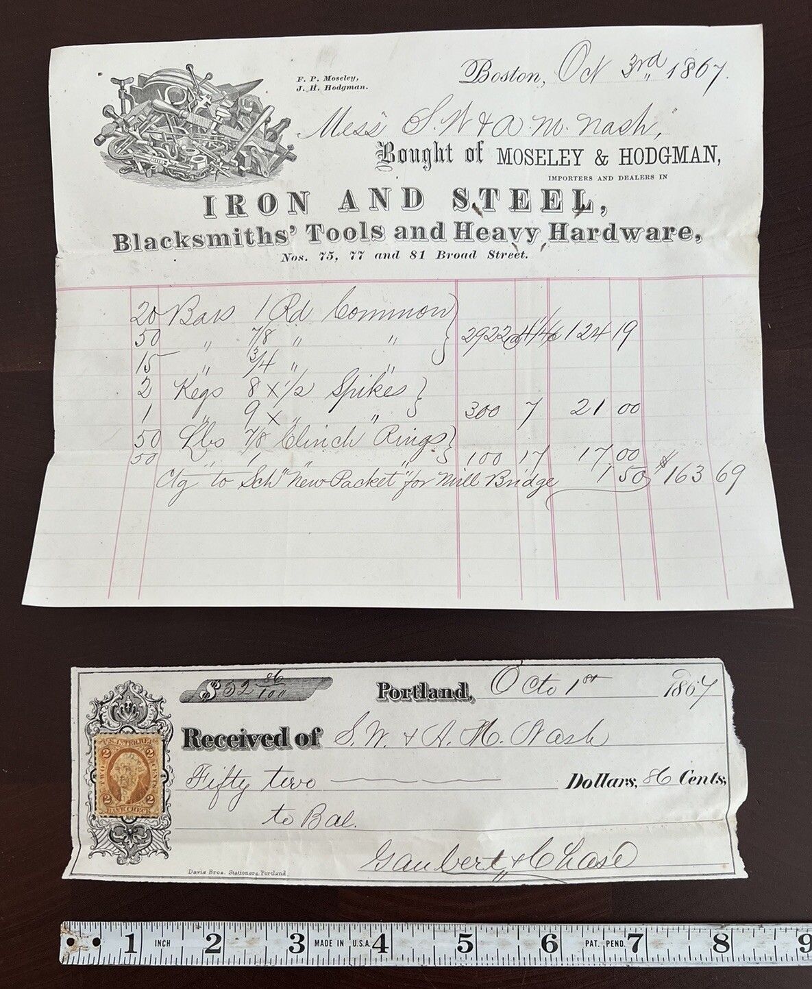 Antique 1867 Billhead Receipt Moseley & Hodgman Iron & Steel Blacksmiths Boston