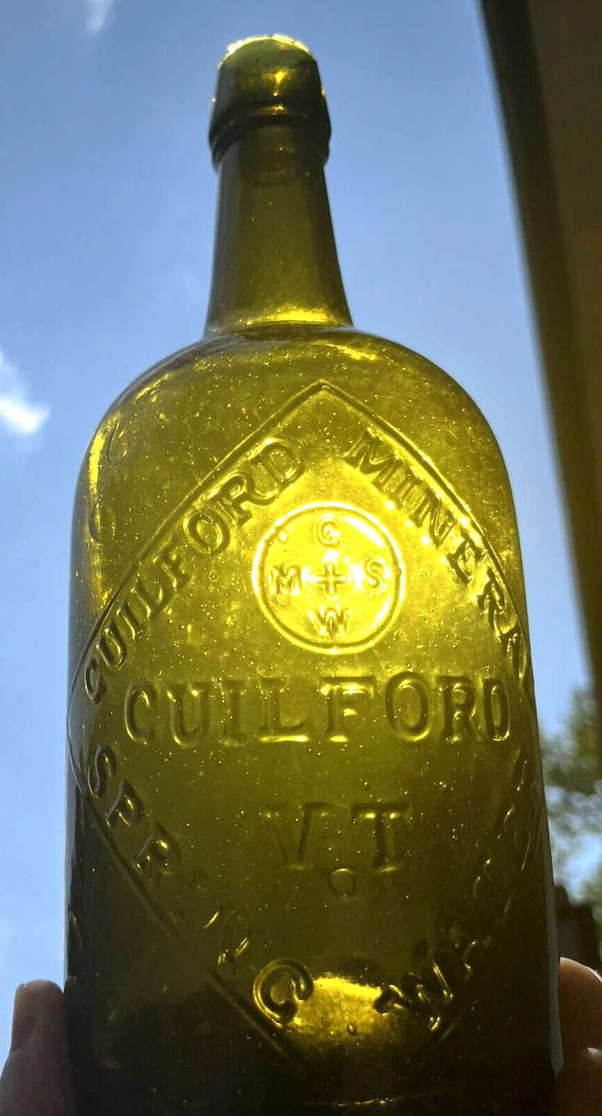 NICE OLIVE GREEN GUILFORD MINERAL SPRING WATER APPLIED LIP 1860'S ERA CLEAN L@@K