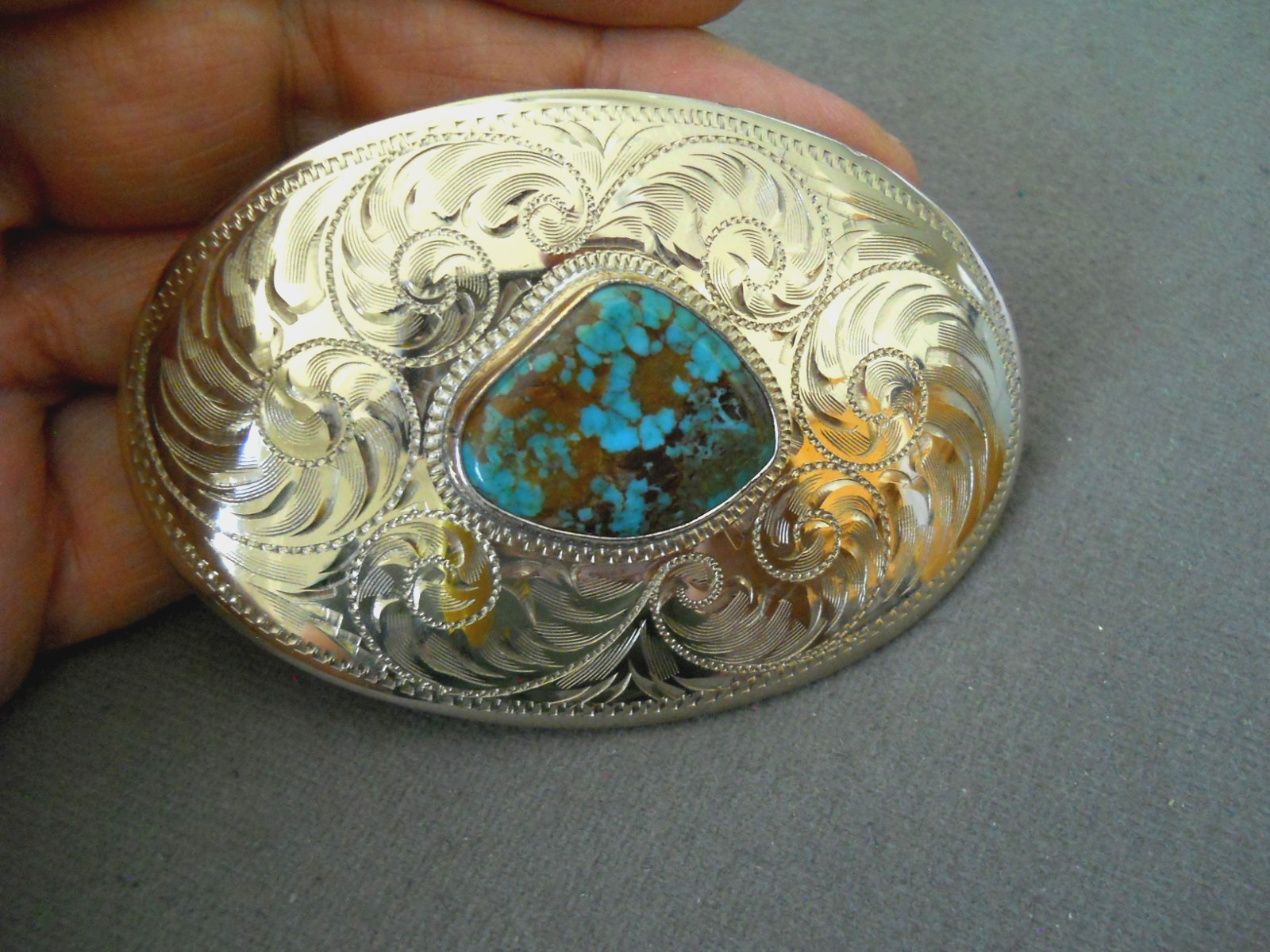 COMSTOCK Southwestern Gem Spiderweb Turquoise German Silver Engraved Belt Buckle