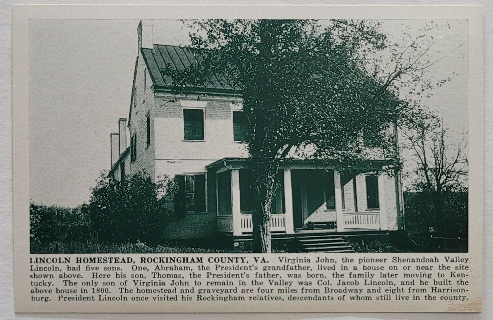 Lincoln homestead rockingham county Va SPH #p Virginia Postcard 1920's