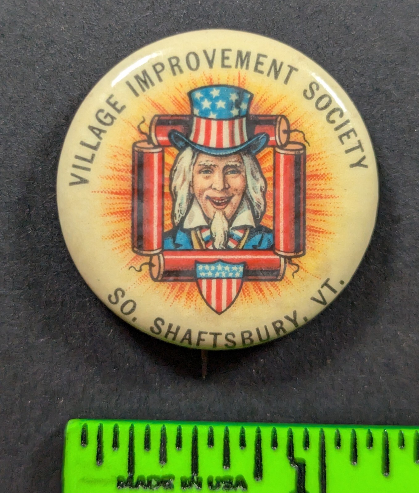 Vintage 1932 Village Improvement Shaftsbury Vermont Uncle Sam Pinback Pin Vintage 1932 Village Improvement Shaftsbury Vermont Uncle Sam Pinback Pin