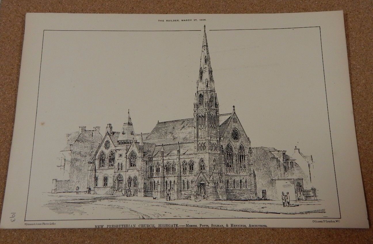 Antique architects print Presbyterian Church Highgate The builder 1886 