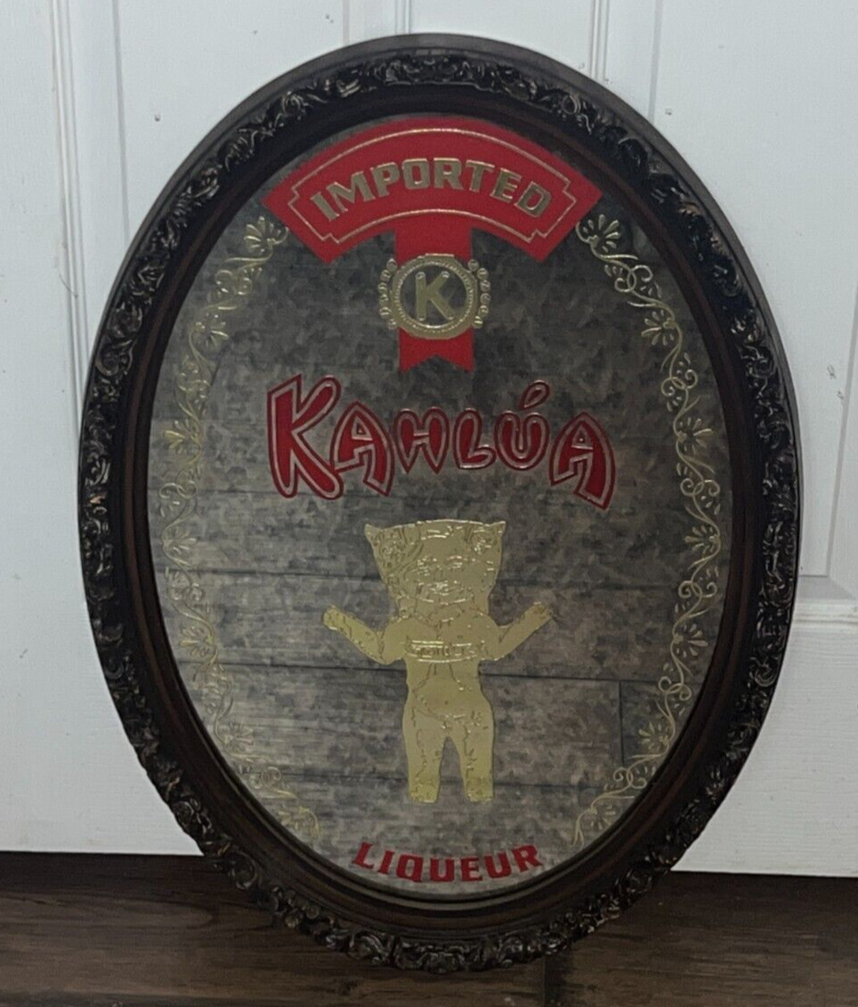 VINTAGE SMOKED GLASS MIRROR OVAL SIGN IMPORTED KAHLUA LIQUEUR BY MAIDSTONE 26